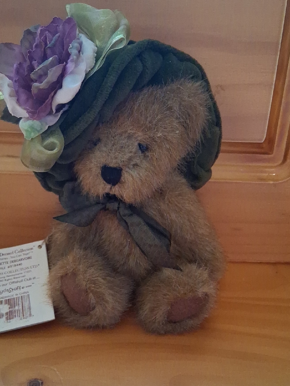 Boyds Bears Brown Teddy with Green Hat and Purple Flower